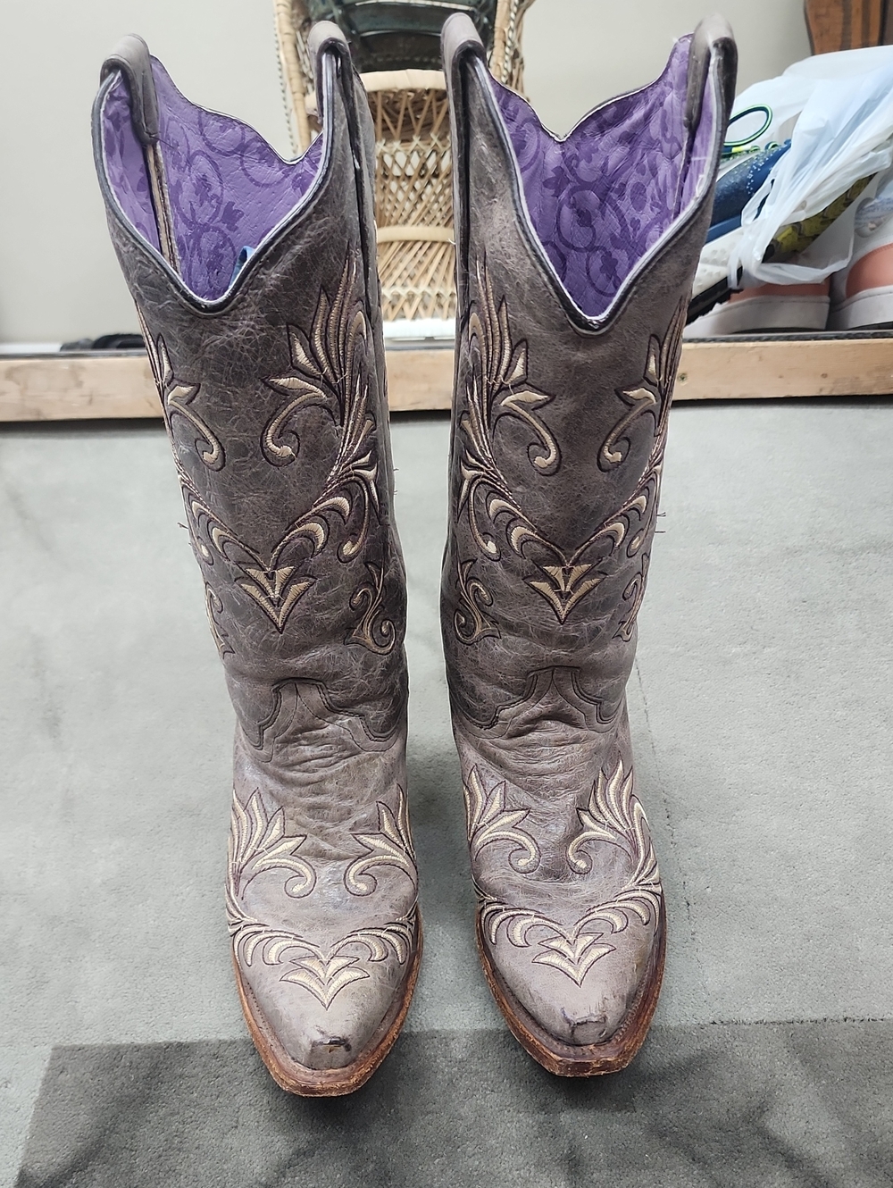 Circle G Brown Embroidered Western Boots with Purple Lining